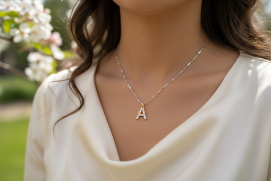 frau mit einer kette mit einem buchstaben als anhänger